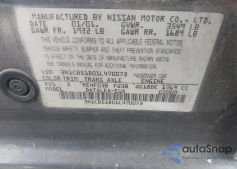 2001 Nissan Sentra Gxe from USA, damaged, VIN 3N1CB51D01L470073